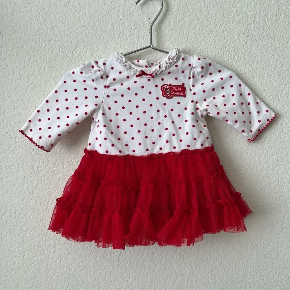 Little Me My First Christmas Long Sleeve Tutu Skirted Top red white dot ruffle